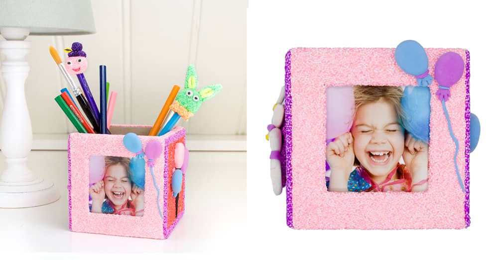 Houten pennenbakjes met fotolijst versierd met Foam Clay