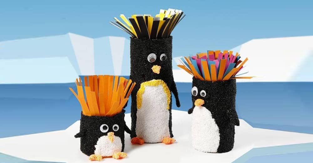 Pinguins van een wc rolletje, karton en Foam Clay