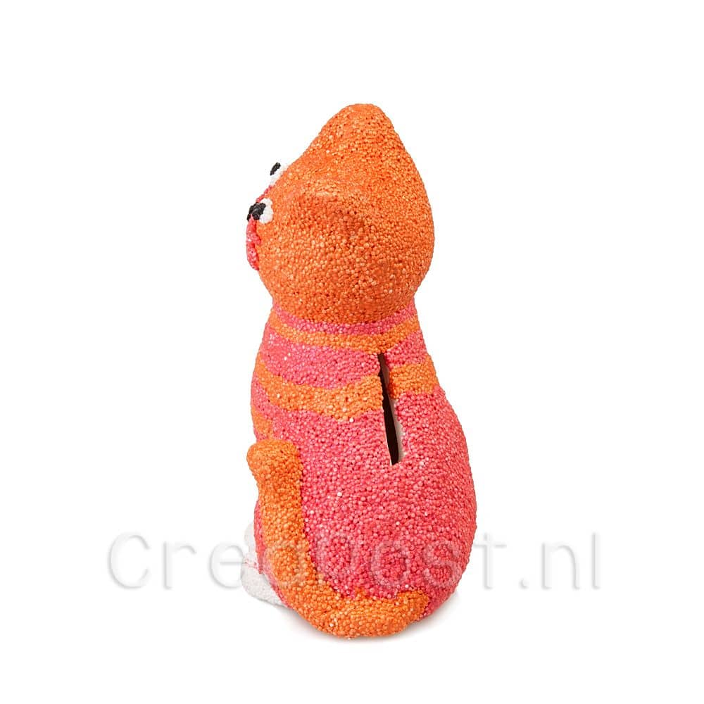 Spaarpot Kat versierd met oranje en rode Foam Clay