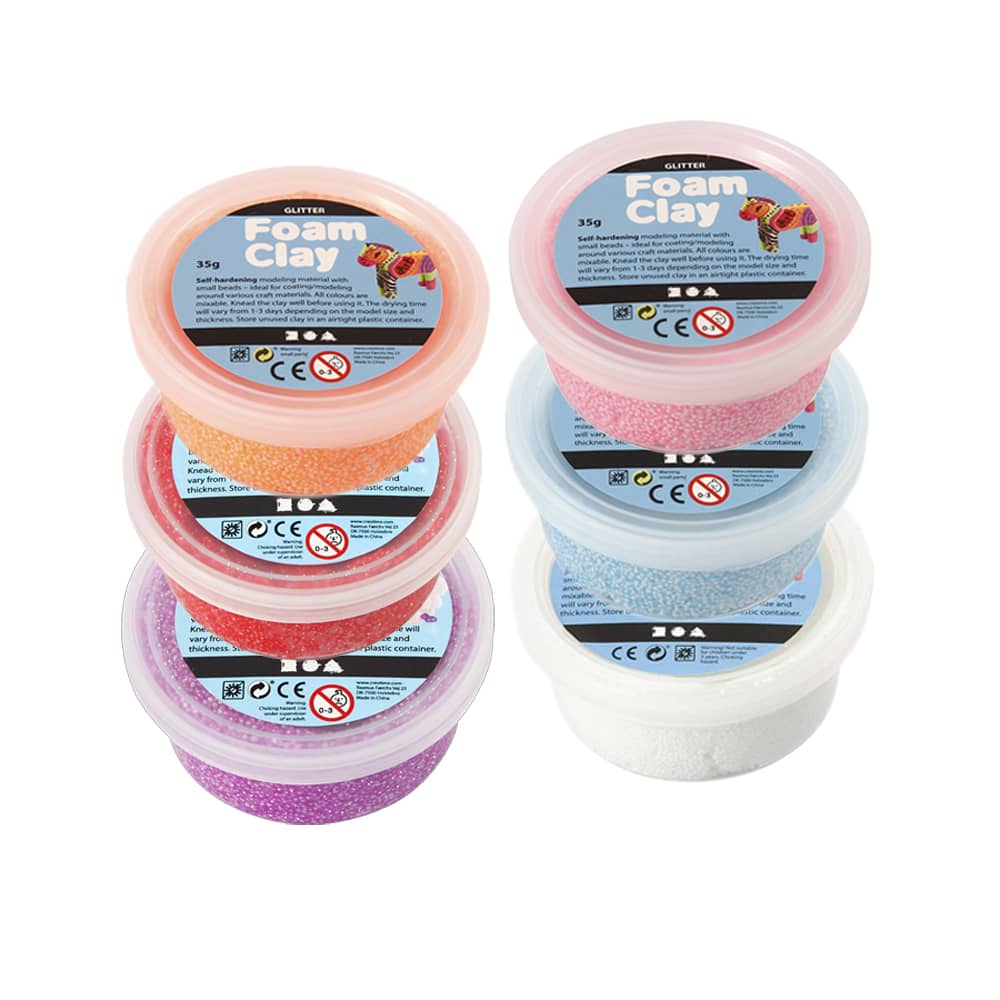 Glitter Foam Clay in 6 kleuren,  6 x 35 gram