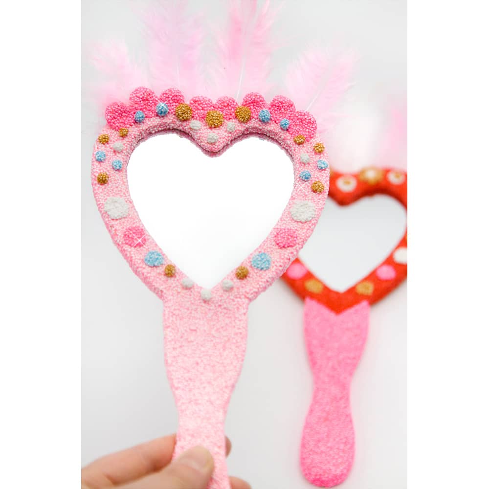 Handspiegel Hart versierd met roze Glitter Foam Clay