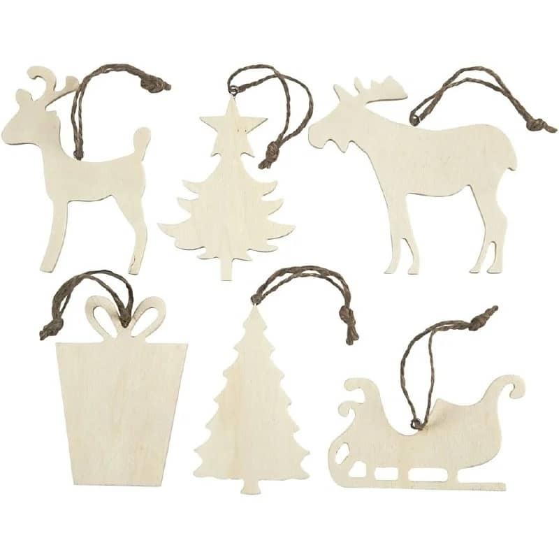 6 Kerst Ornamenten Hout | 7-9 cm