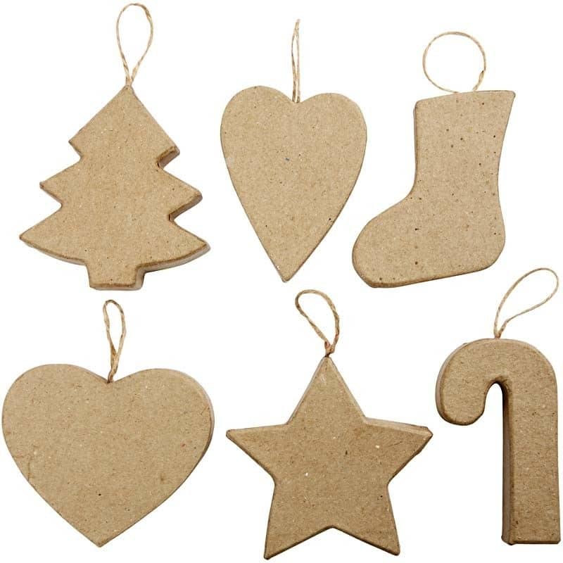 Papier-Maché Kerstornamenten in verschillende vormen, zoals ster, kerstboom, etc.