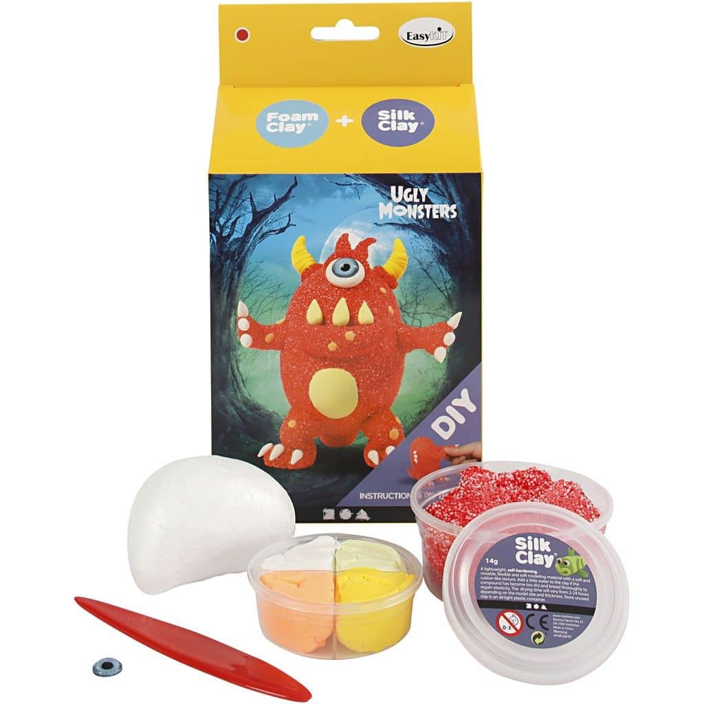 Knutselpakketje voor het maken van een rood monster met Foam Clay en styropor vormen.