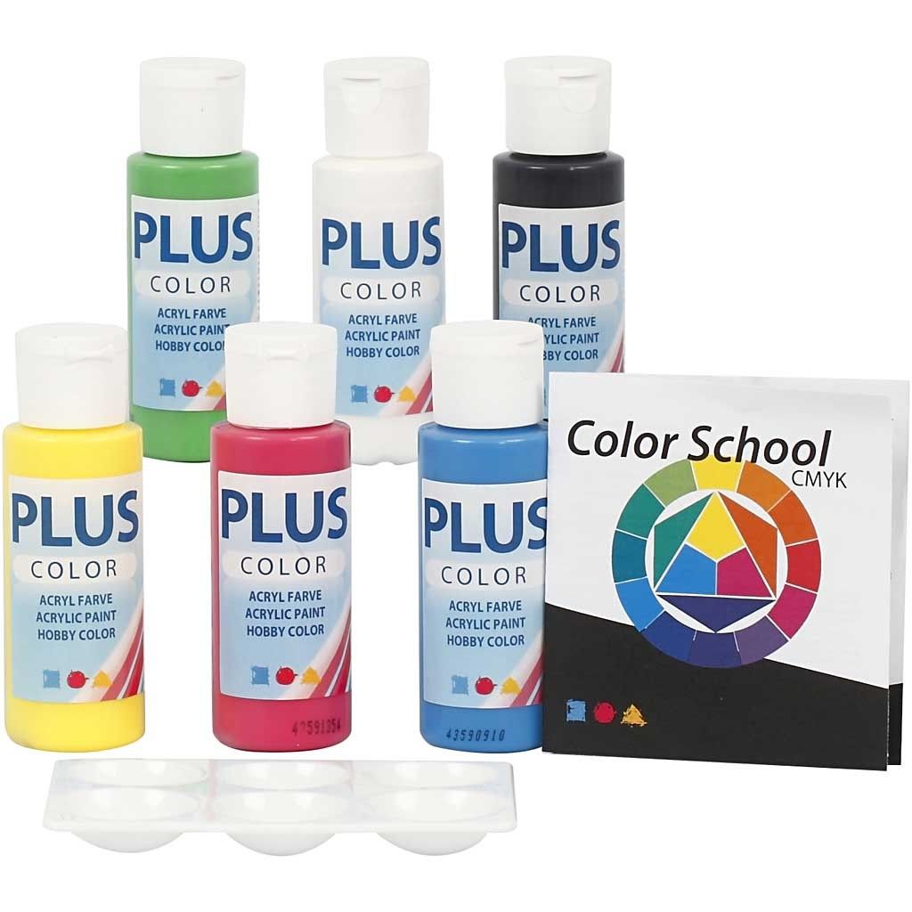 Plus Color Acrylverf met primaire kleuren en informatie over het mengen van andere kleuren. 