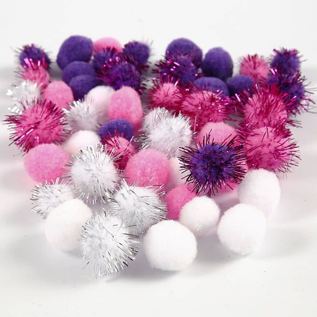 Glitter Pompons in roze, wit en paars