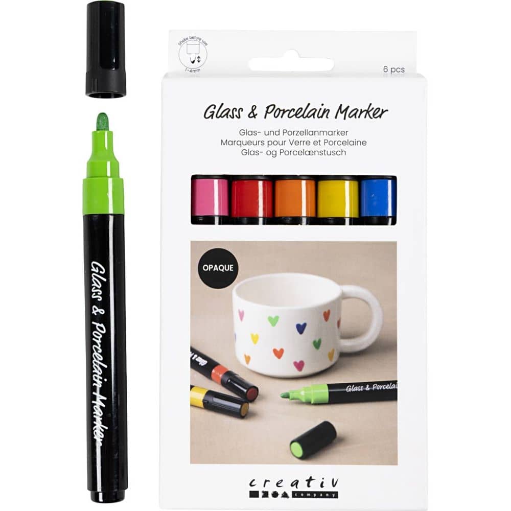 Porselein stiften in 6 kleuren (rood, roze, geel, groen, blauw en oranje).