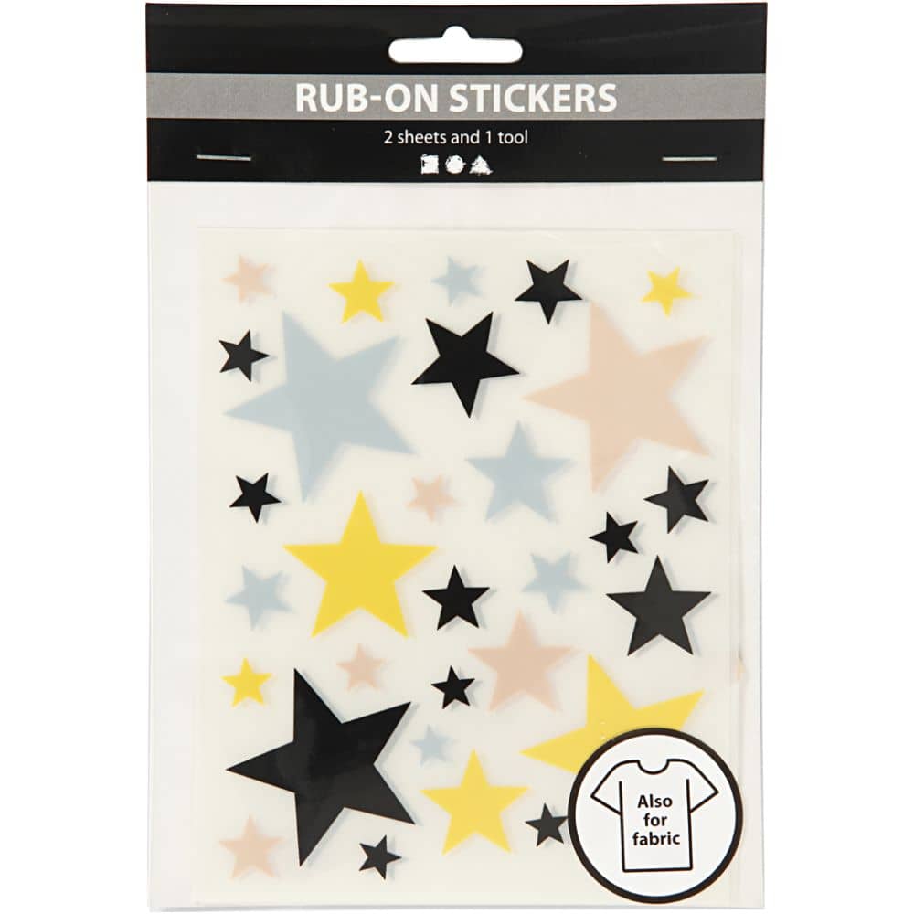 Rub-on stickers met gele, blauwe en zwarte sterren in verschillende maten.