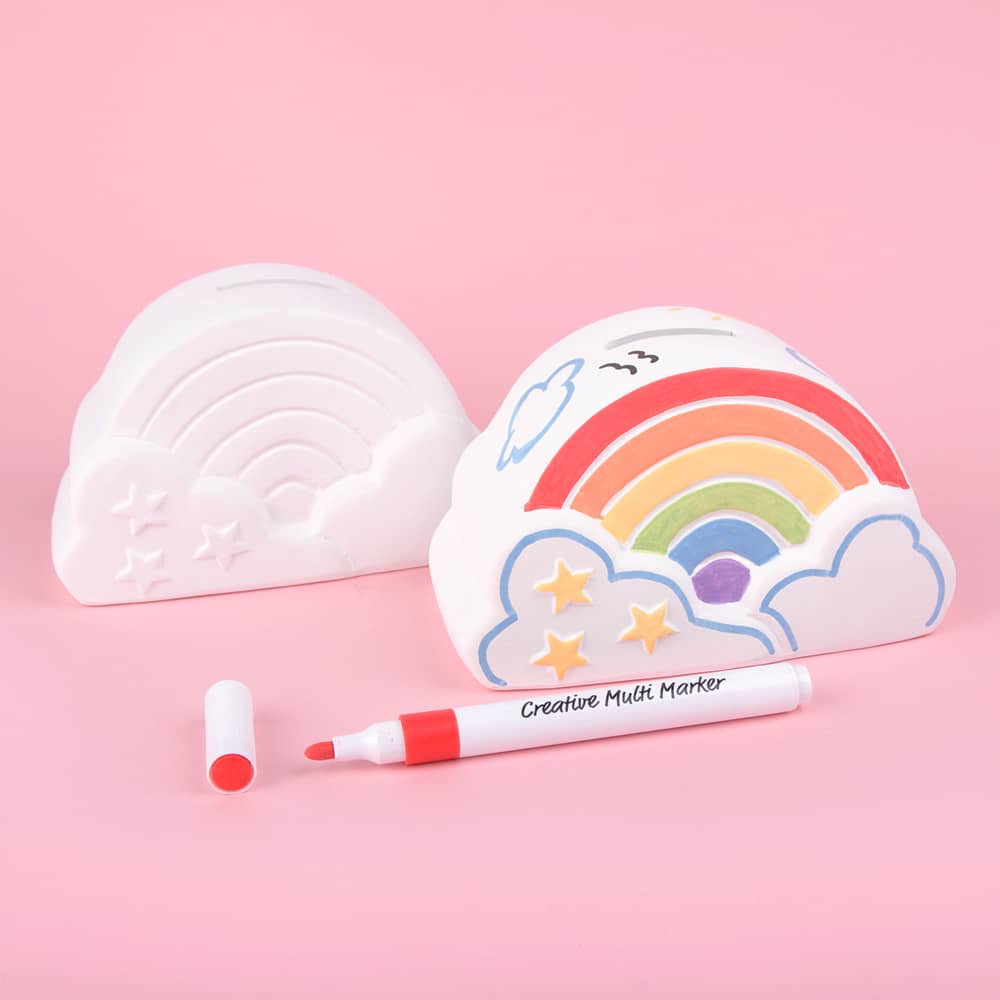 Knutsel spaarpot Regenboog versierd met Multi Markers