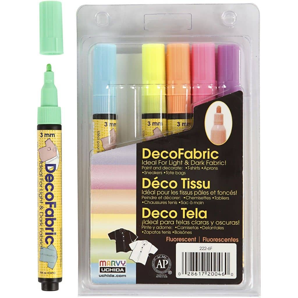 Verpakking deco textielstiften in 6 neon kleuren