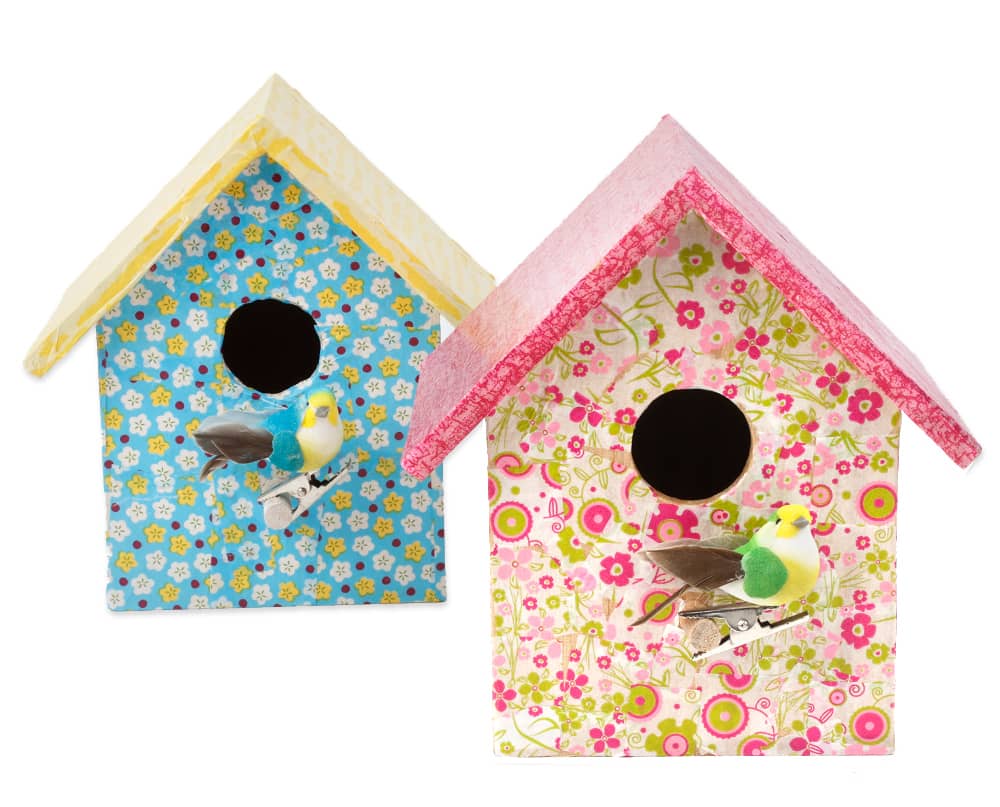 Knutselidee: Vogelhuisjes versierd met decoupage papier