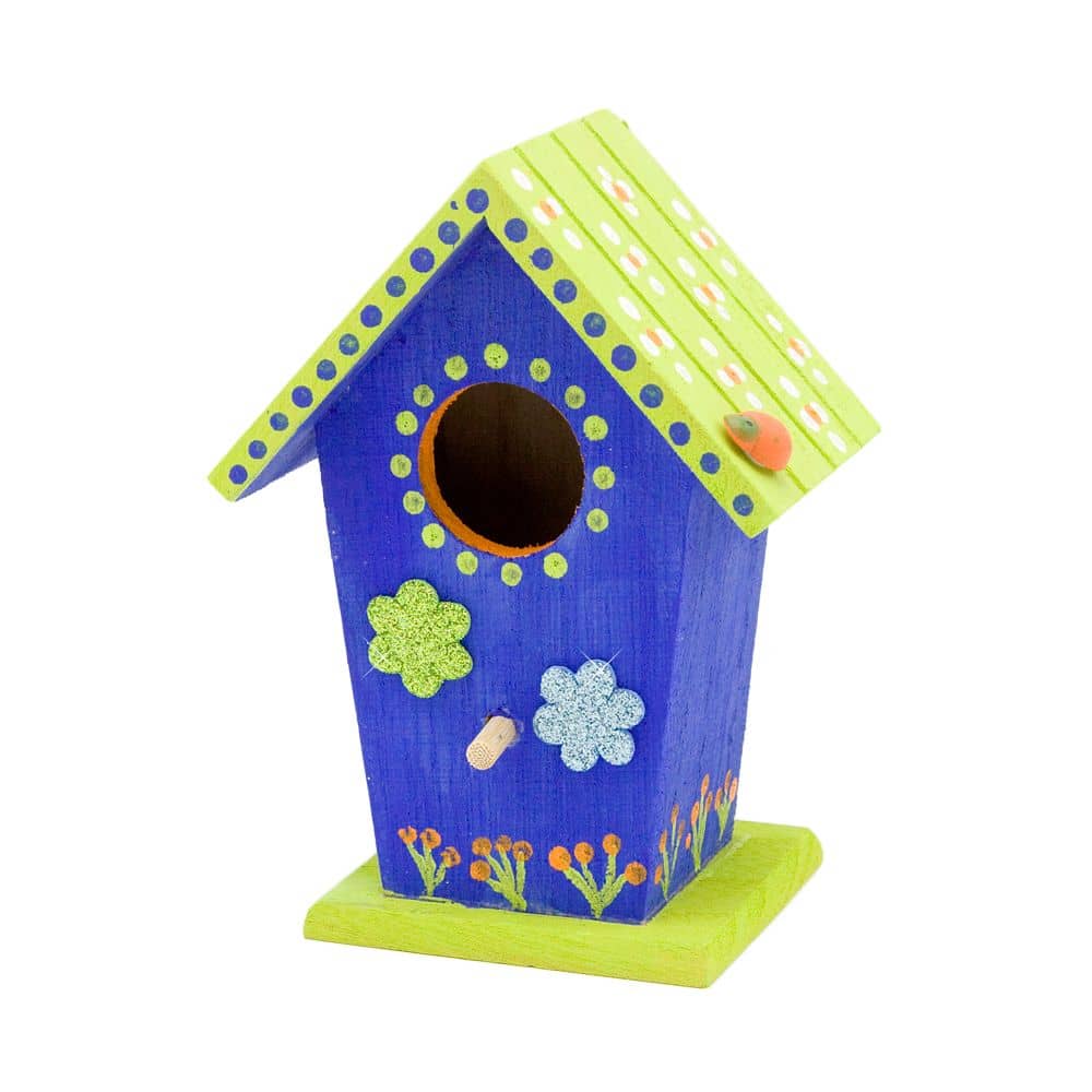 Vogelhuisjes versieren - Knutselidee Vogelhuisje geschilderd met Acrylverf en versierd met Glitter Figuren.
