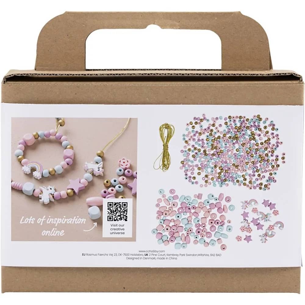 Achterzijde verpakking knutselpakket Eenhoorn armbandjes maken.